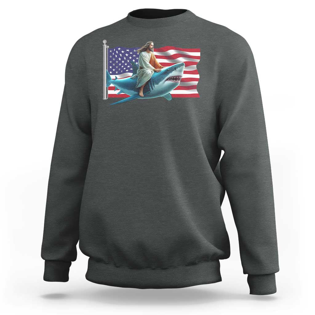 Funny Jesus Shark Sweatshirt Christian Patriotic American Flag Meme - Wonder Print Shop