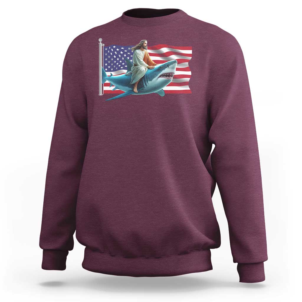 Funny Jesus Shark Sweatshirt Christian Patriotic American Flag Meme - Wonder Print Shop