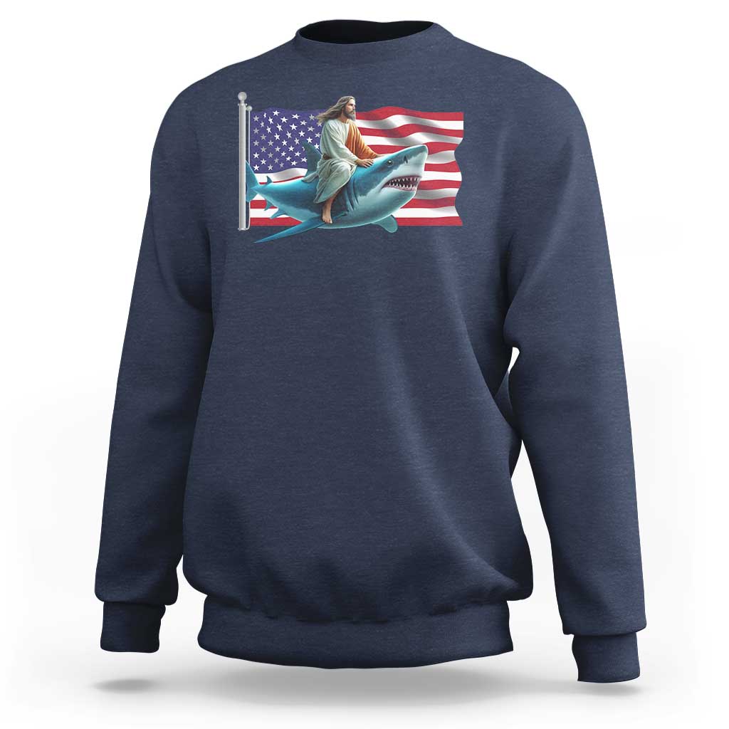 Funny Jesus Shark Sweatshirt Christian Patriotic American Flag Meme - Wonder Print Shop