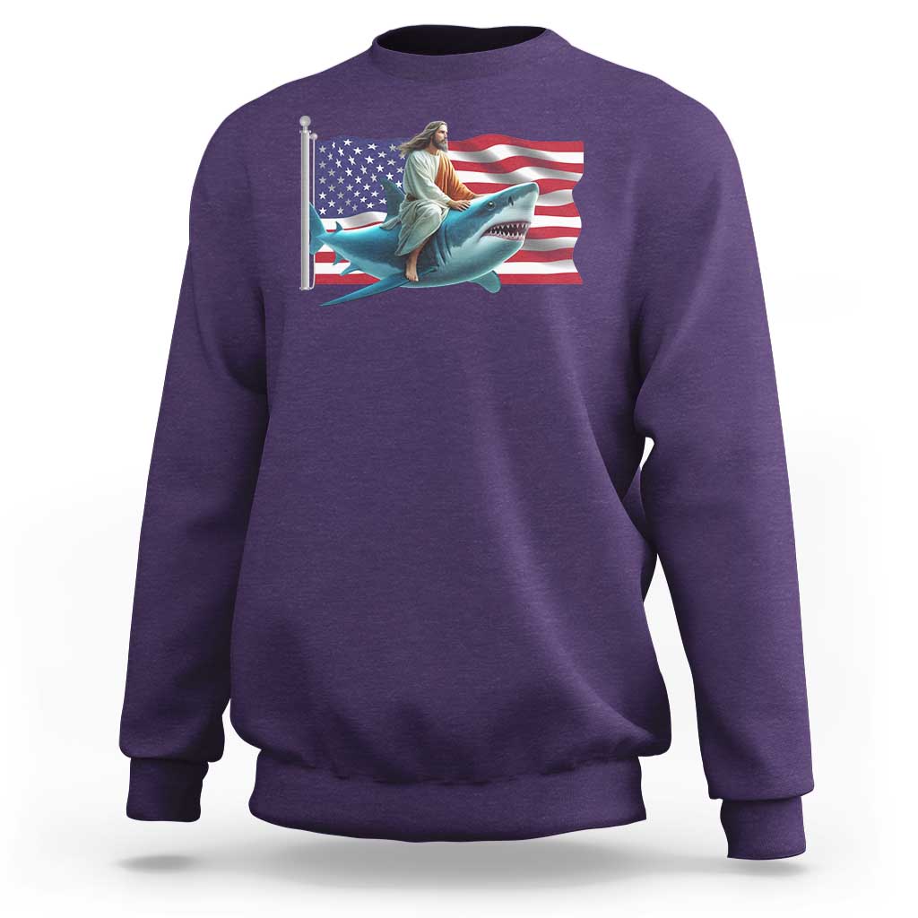 Funny Jesus Shark Sweatshirt Christian Patriotic American Flag Meme - Wonder Print Shop