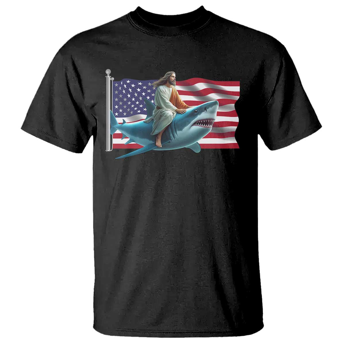 Funny Jesus Shark T Shirt Christian Patriotic American Flag Meme - Wonder Print Shop