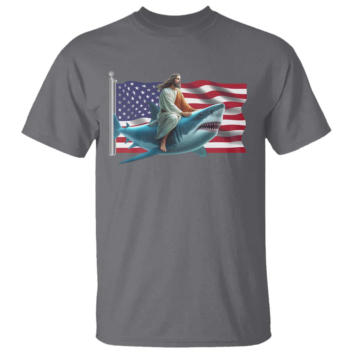 Funny Jesus Shark T Shirt Christian Patriotic American Flag Meme - Wonder Print Shop