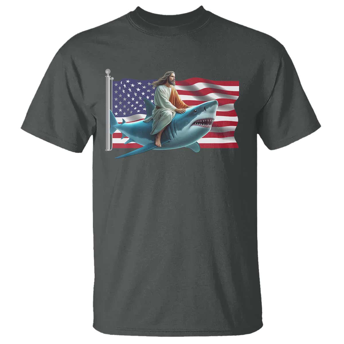 Funny Jesus Shark T Shirt Christian Patriotic American Flag Meme - Wonder Print Shop