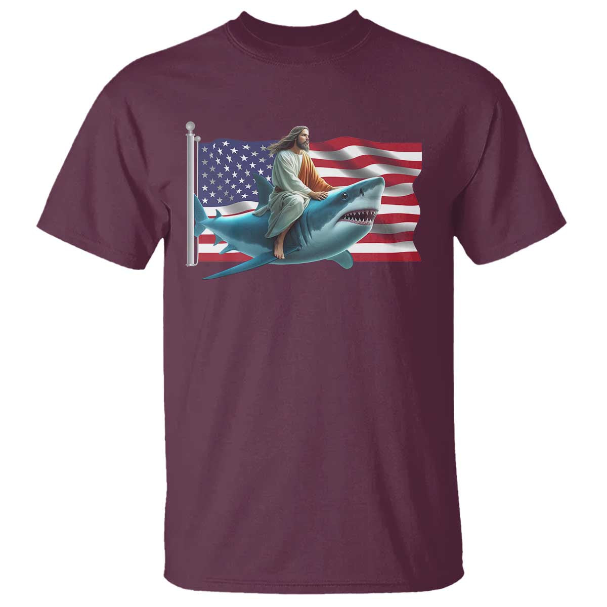 Funny Jesus Shark T Shirt Christian Patriotic American Flag Meme - Wonder Print Shop