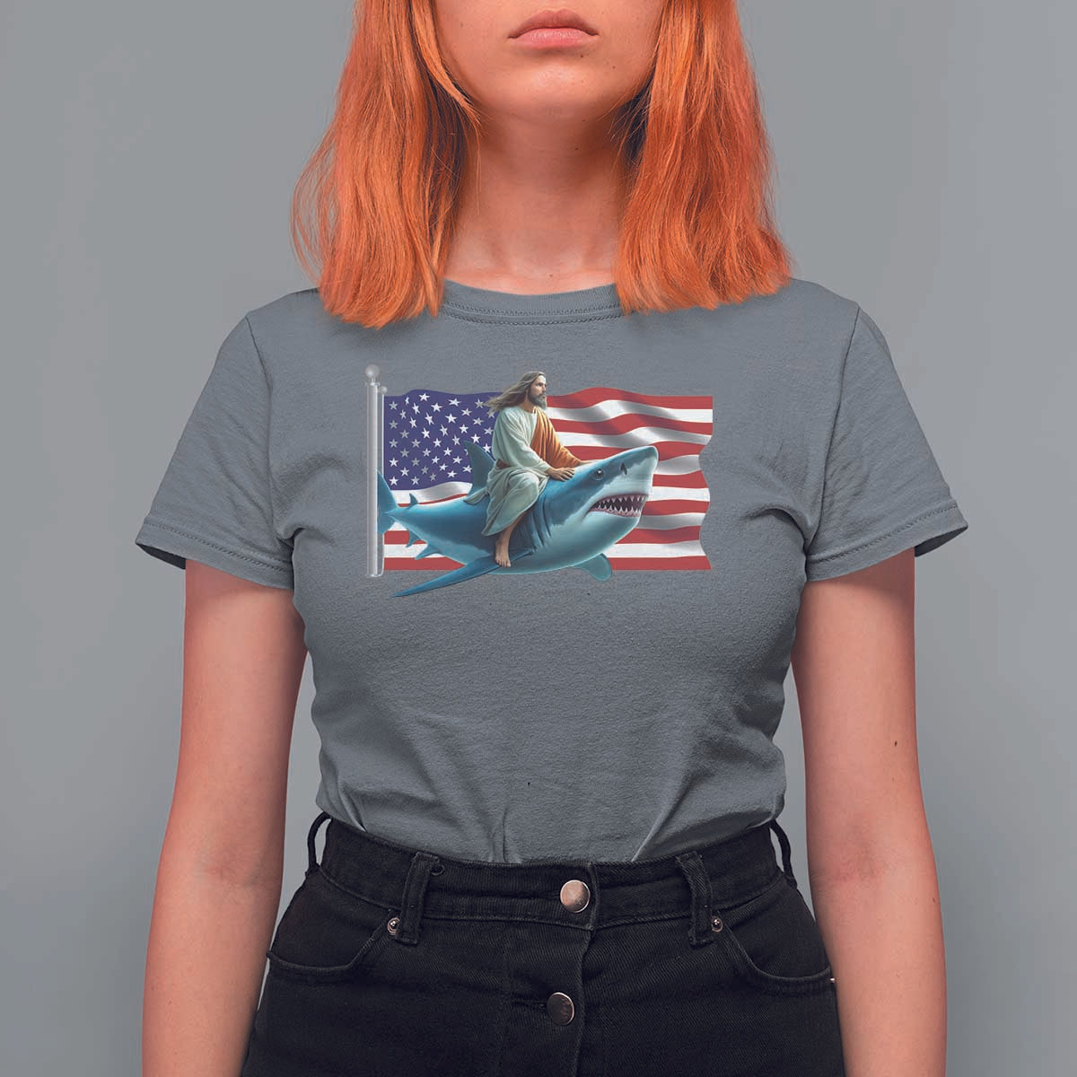 Funny Jesus Shark T Shirt For Women Christian Patriotic American Flag Meme - Wonder Print Shop