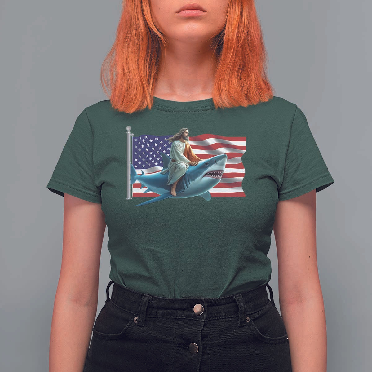 Funny Jesus Shark T Shirt For Women Christian Patriotic American Flag Meme - Wonder Print Shop
