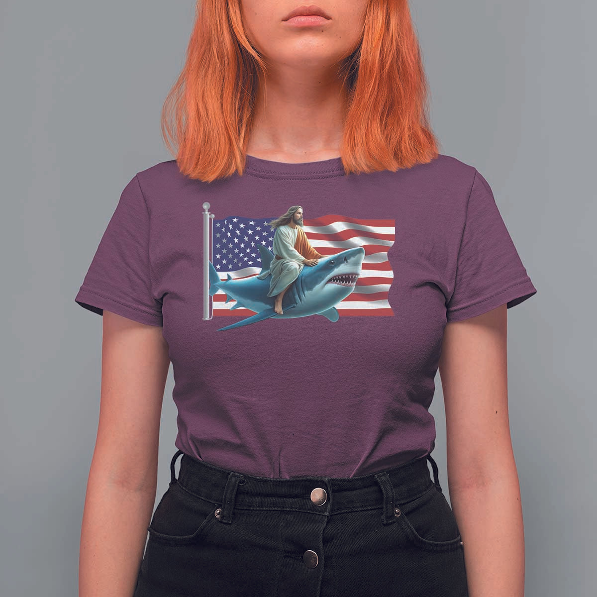 Funny Jesus Shark T Shirt For Women Christian Patriotic American Flag Meme - Wonder Print Shop