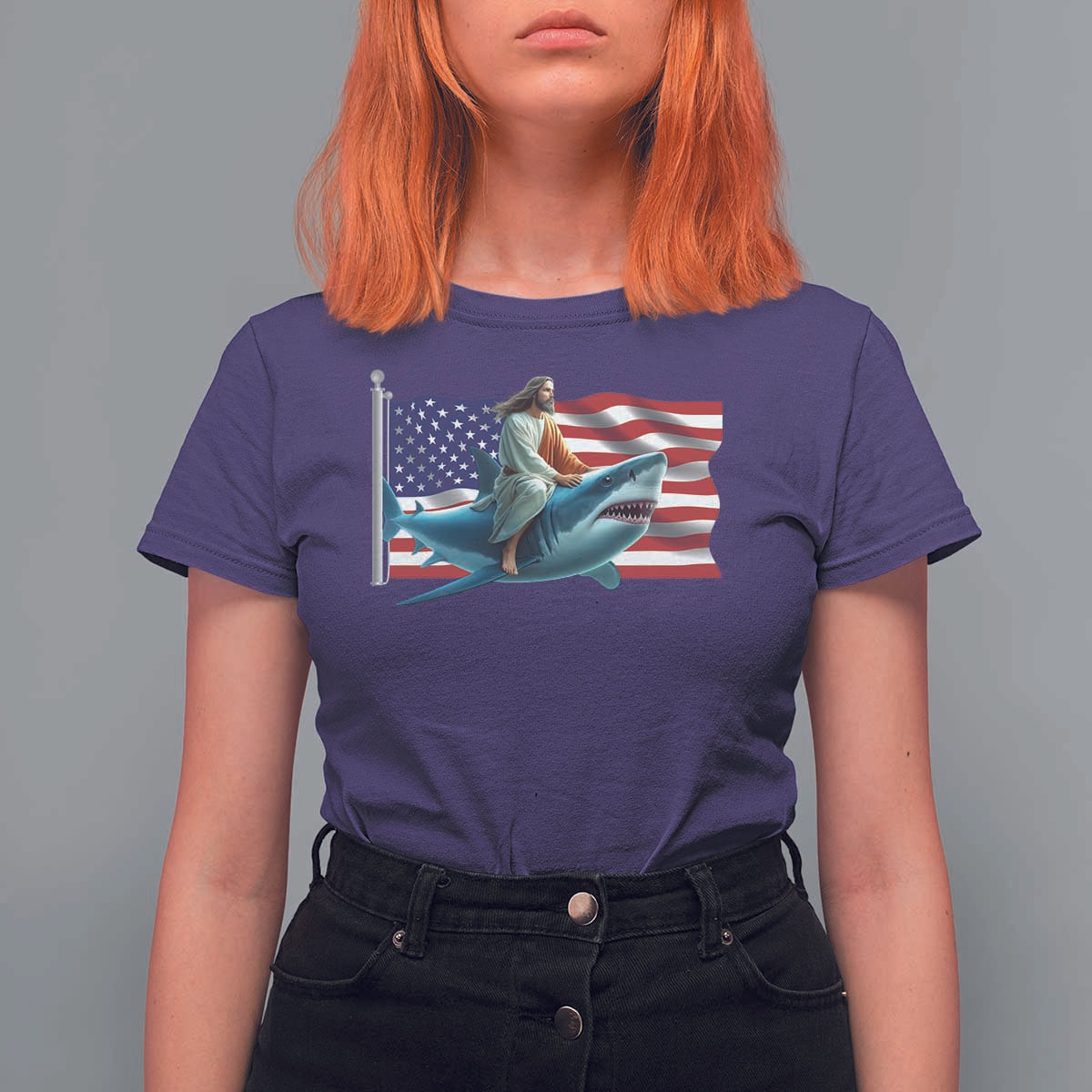 Funny Jesus Shark T Shirt For Women Christian Patriotic American Flag Meme - Wonder Print Shop
