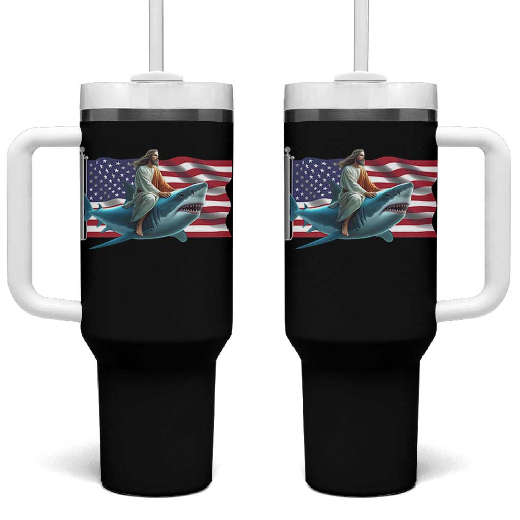 Funny Jesus Shark Tumbler With Handle Christian Patriotic American Flag Meme