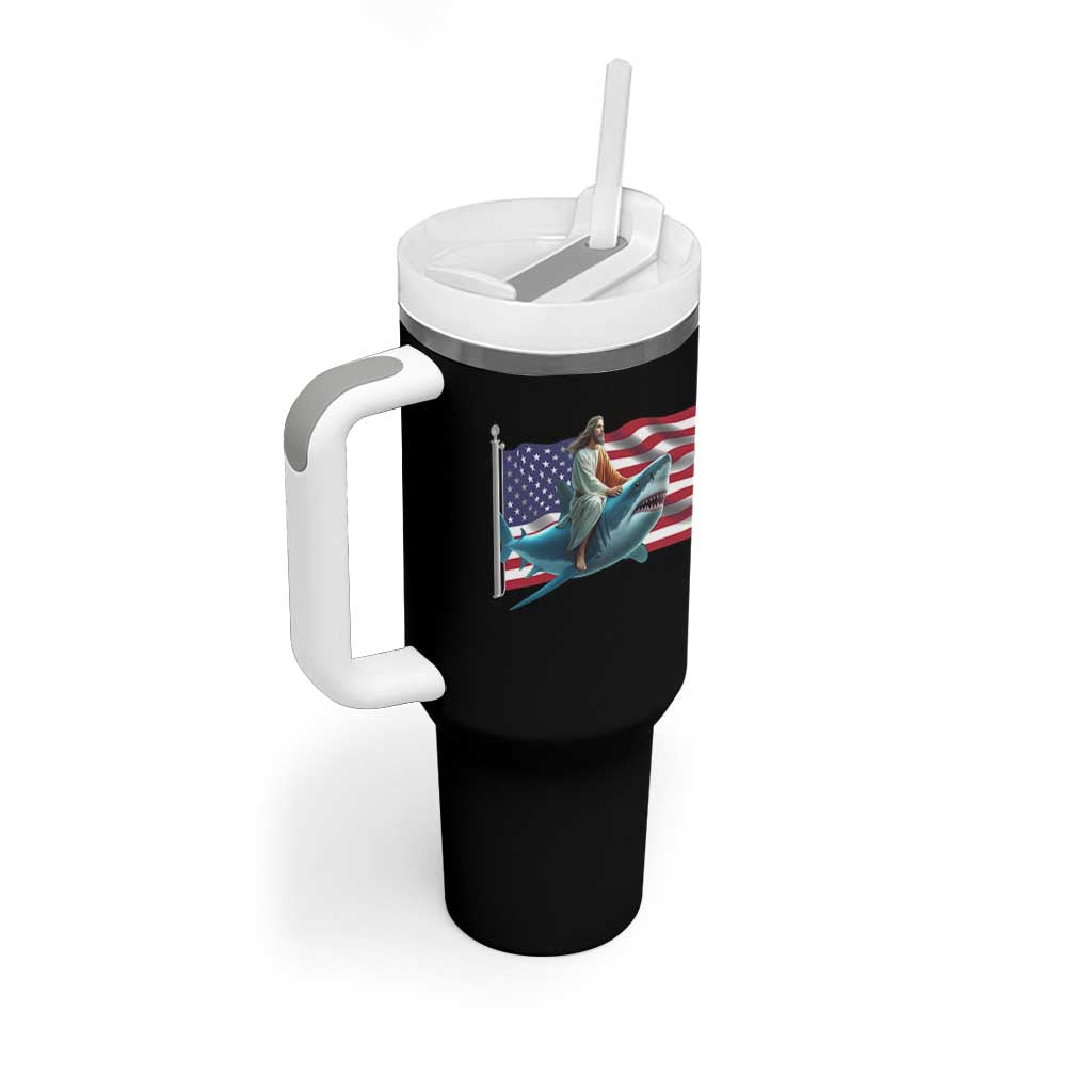 Funny Jesus Shark Tumbler With Handle Christian Patriotic American Flag Meme