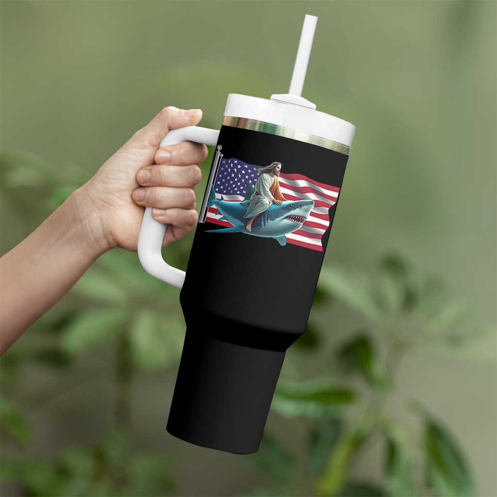Funny Jesus Shark Tumbler With Handle Christian Patriotic American Flag Meme