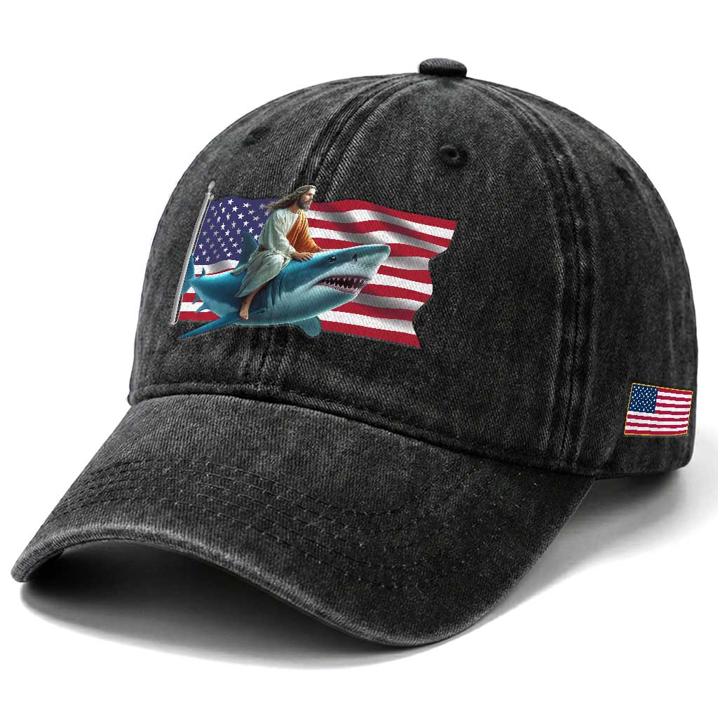Funny Jesus Shark Washed Cotton Baseball Cap Christian Patriotic American Flag Meme