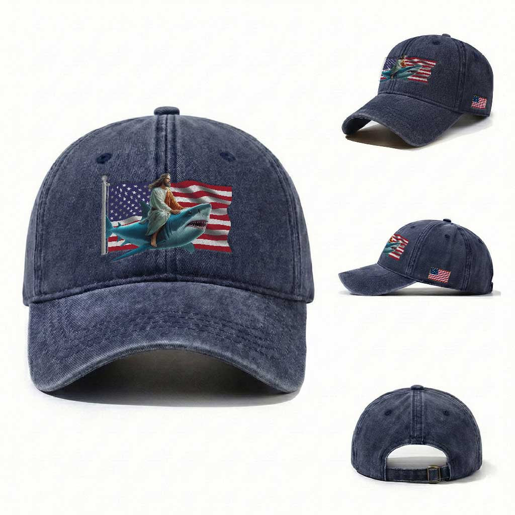 Funny Jesus Shark Washed Cotton Baseball Cap Christian Patriotic American Flag Meme