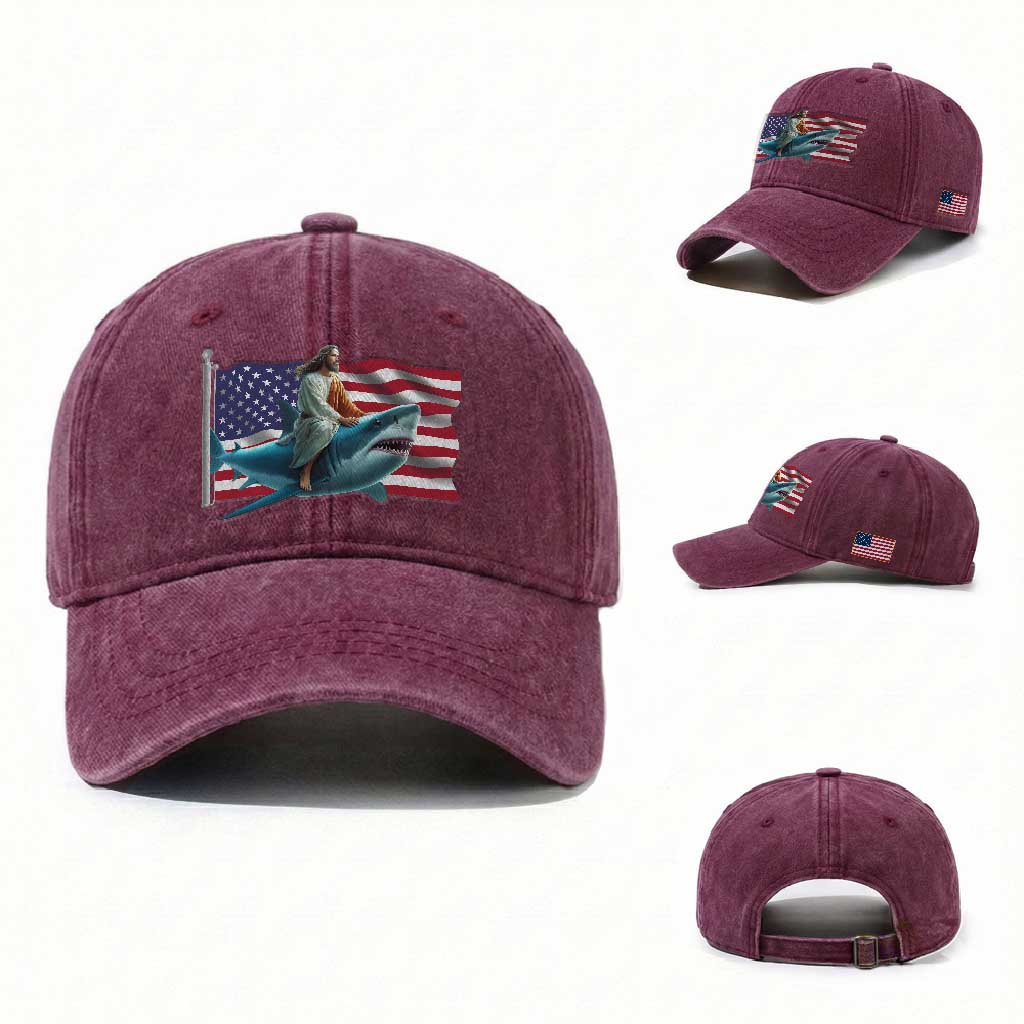 Funny Jesus Shark Washed Cotton Baseball Cap Christian Patriotic American Flag Meme