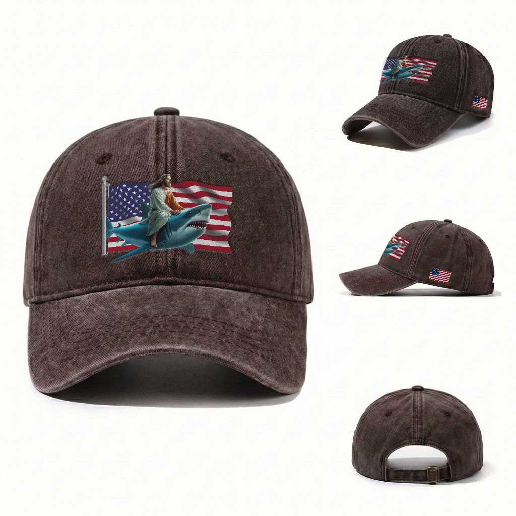 Funny Jesus Shark Washed Cotton Baseball Cap Christian Patriotic American Flag Meme