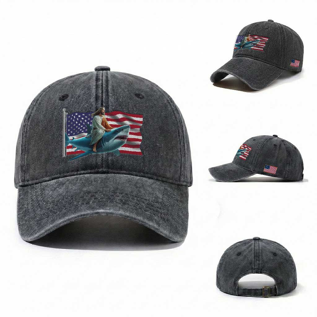 Funny Jesus Shark Washed Cotton Baseball Cap Christian Patriotic American Flag Meme