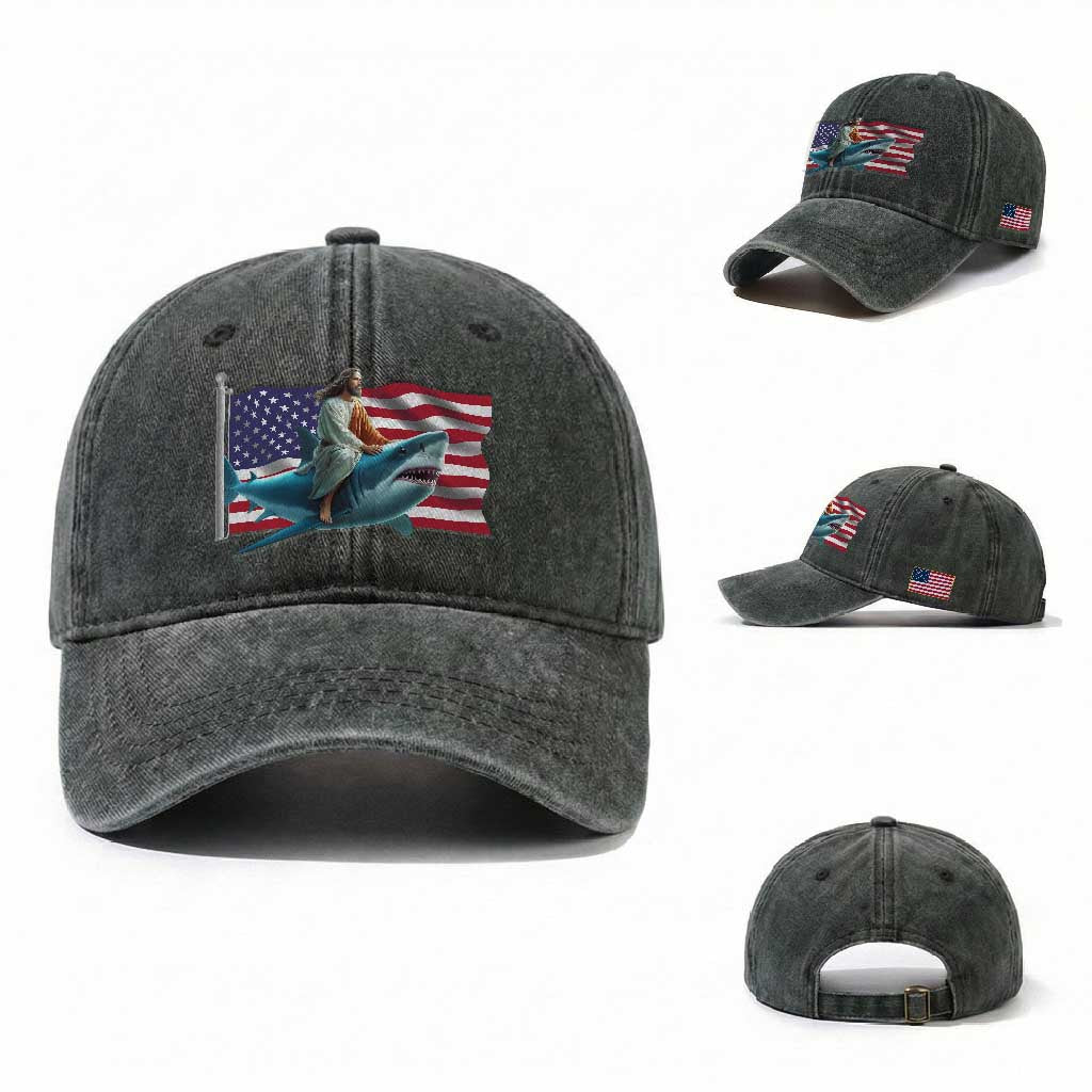 Funny Jesus Shark Washed Cotton Baseball Cap Christian Patriotic American Flag Meme