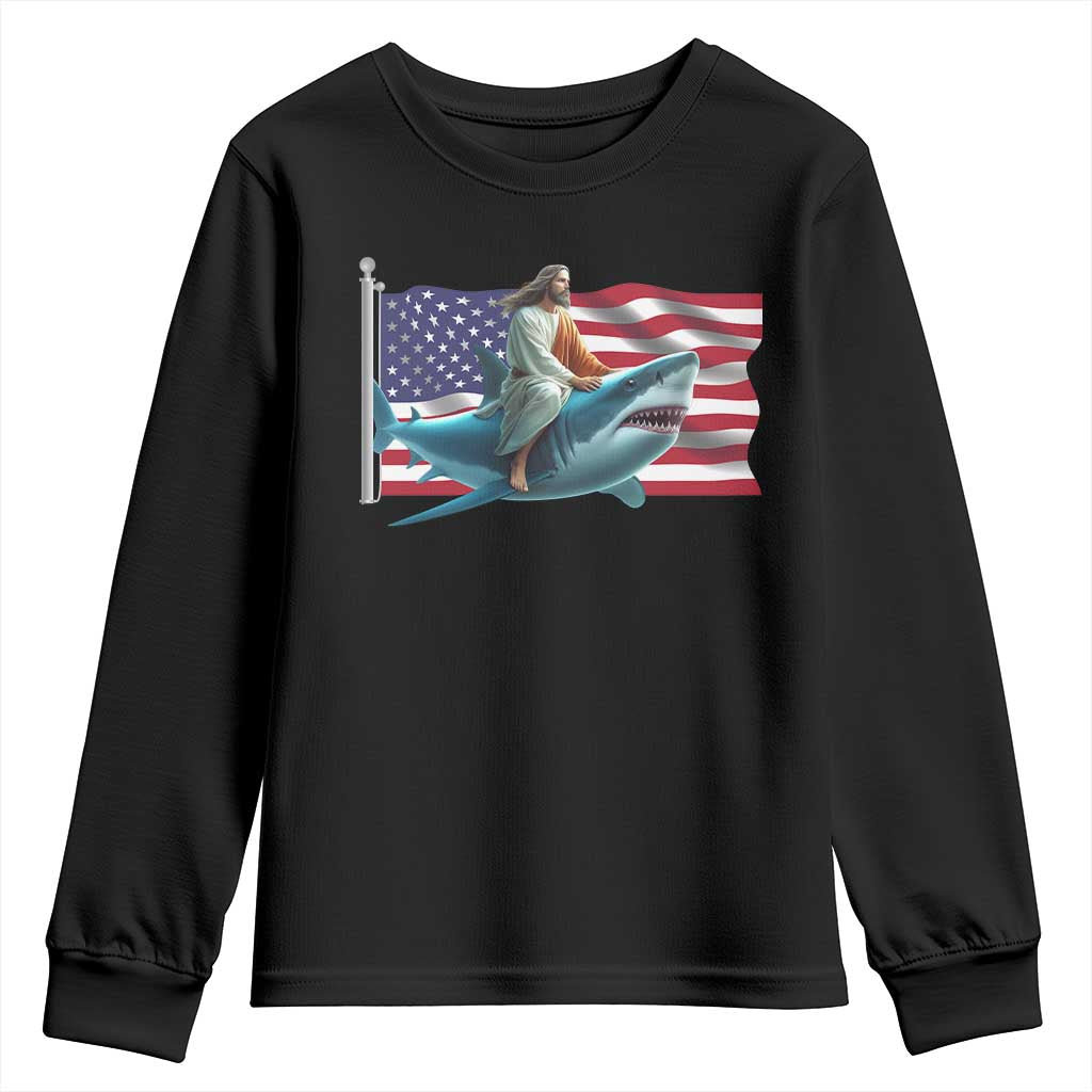 Funny Jesus Shark Youth Sweatshirt Christian Patriotic American Flag Meme - Wonder Print Shop