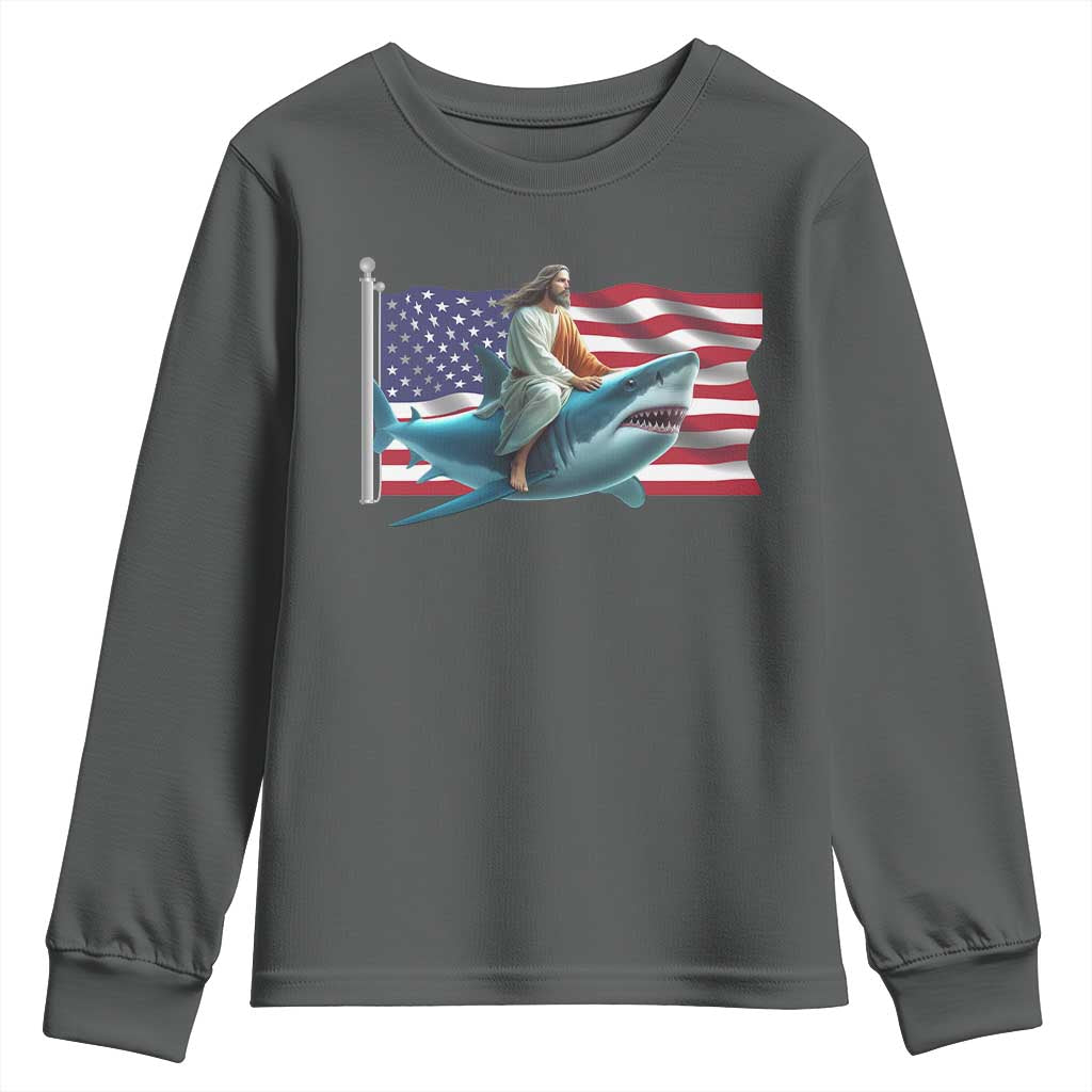 Funny Jesus Shark Youth Sweatshirt Christian Patriotic American Flag Meme - Wonder Print Shop