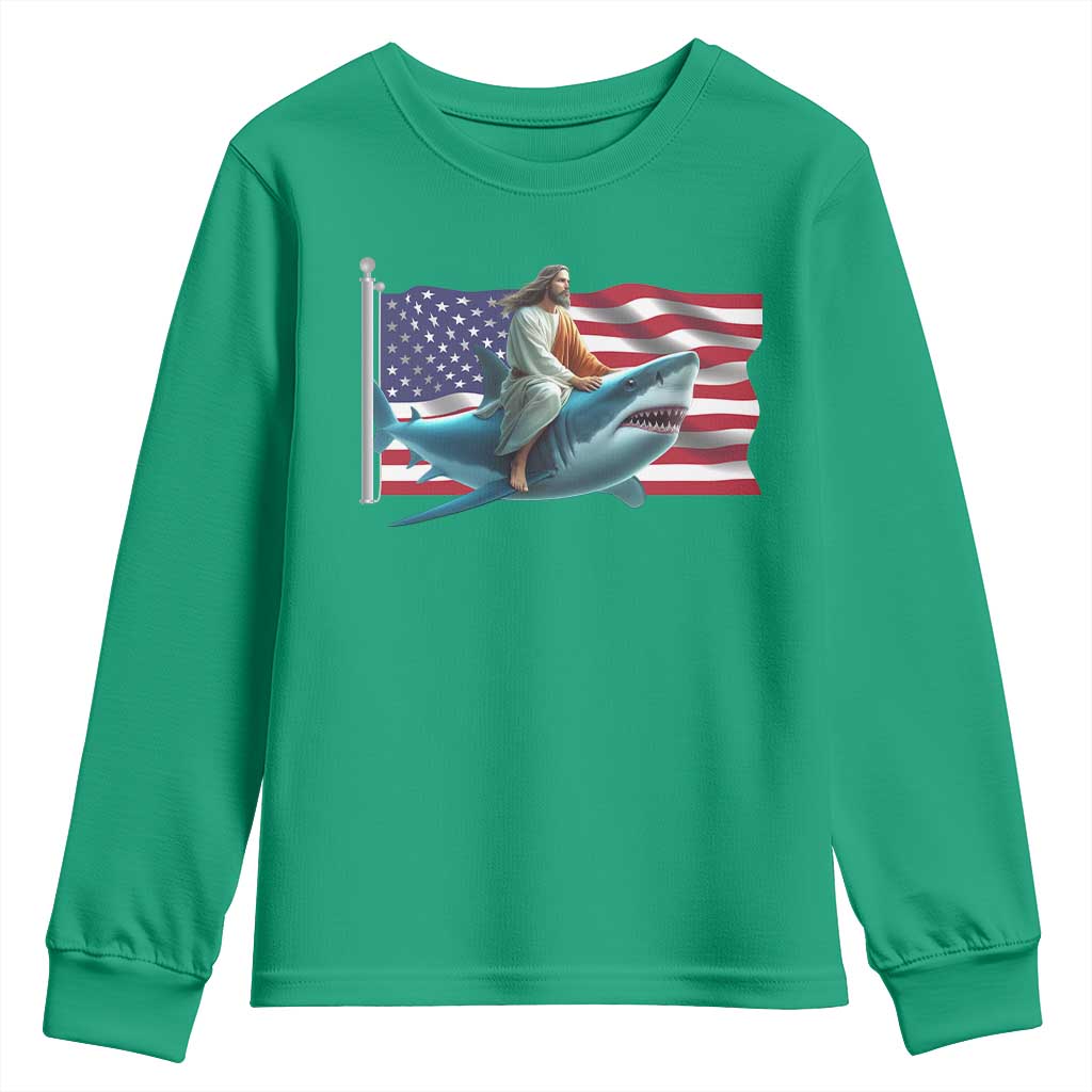 Funny Jesus Shark Youth Sweatshirt Christian Patriotic American Flag Meme - Wonder Print Shop