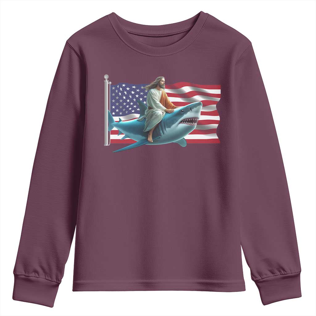 Funny Jesus Shark Youth Sweatshirt Christian Patriotic American Flag Meme - Wonder Print Shop