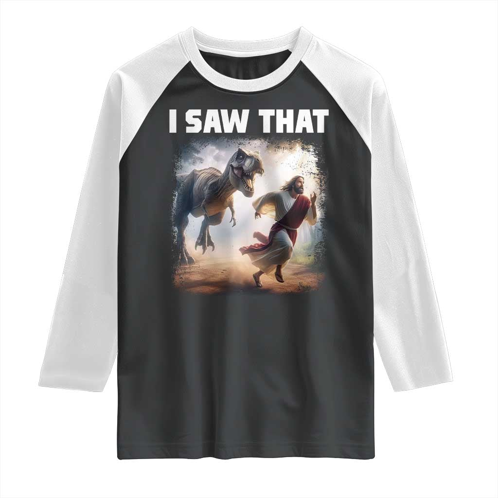 Funny Jesus Dinosaur Raglan Shirt I Saw That Christan Meme - Wonder Print Shop