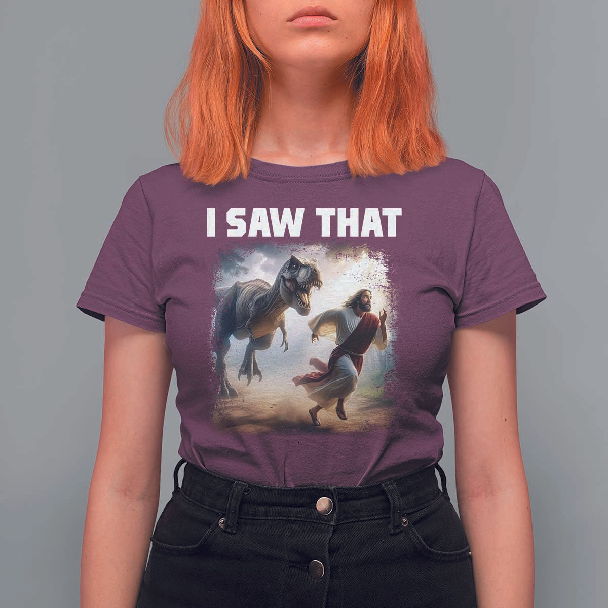 Funny Jesus Dinosaur T Shirt For Women I Saw That Christan Meme - Wonder Print Shop