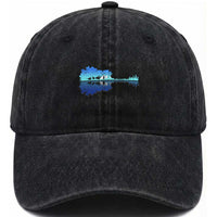 Guitar Lake Shadow Washed Cotton Baseball Cap Acoustic Guitarist Musician Nature Lover