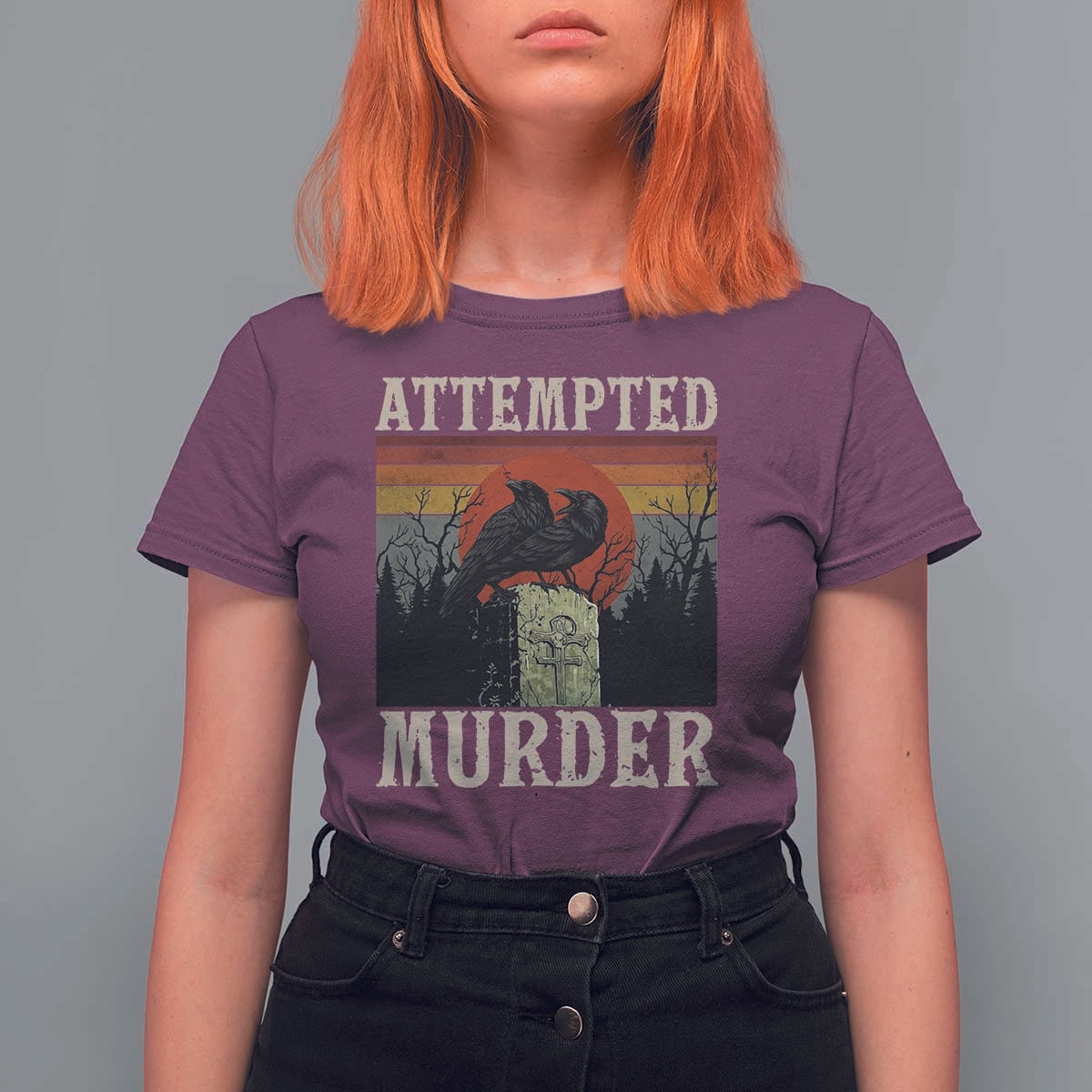 Funny Literary T Shirt For Women Attempted Murder Two Crows Bird on Branch - Wonder Print Shop