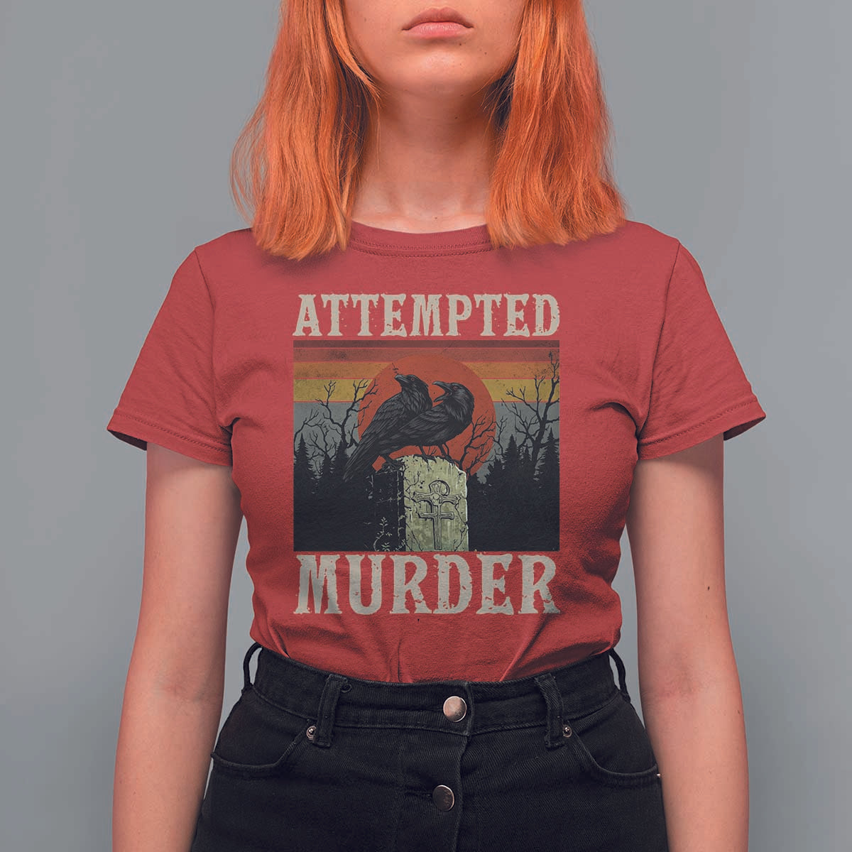 Funny Literary T Shirt For Women Attempted Murder Two Crows Bird on Branch - Wonder Print Shop