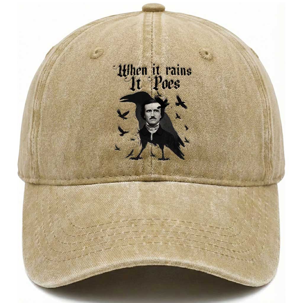 Funny Edgar Allan Poe Washed Cotton Baseball Cap When It Rains It Poes