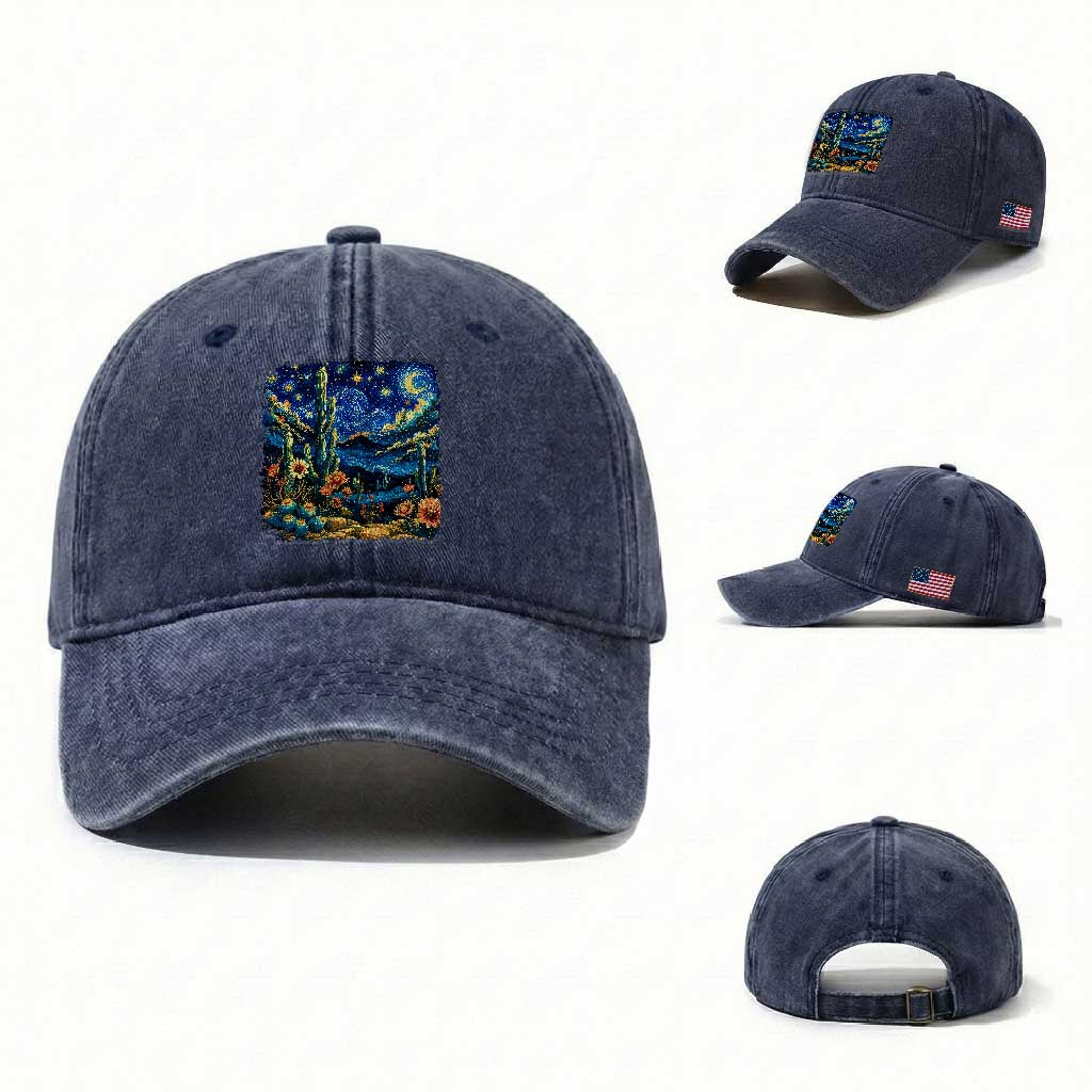 Desert Night Cactus Starry Night Arizona Stars Sky Nature Lover Gift Washed Cotton Baseball Cap
