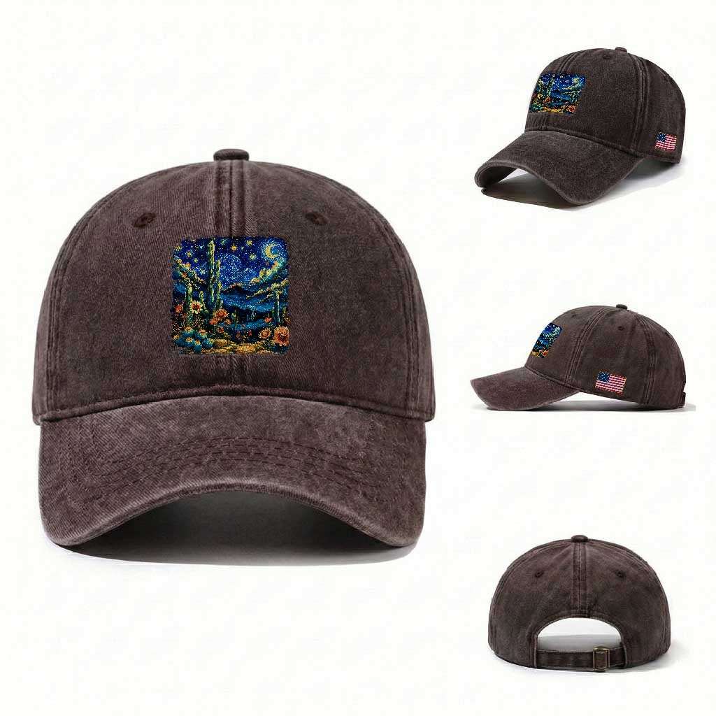 Desert Night Cactus Starry Night Arizona Stars Sky Nature Lover Gift Washed Cotton Baseball Cap
