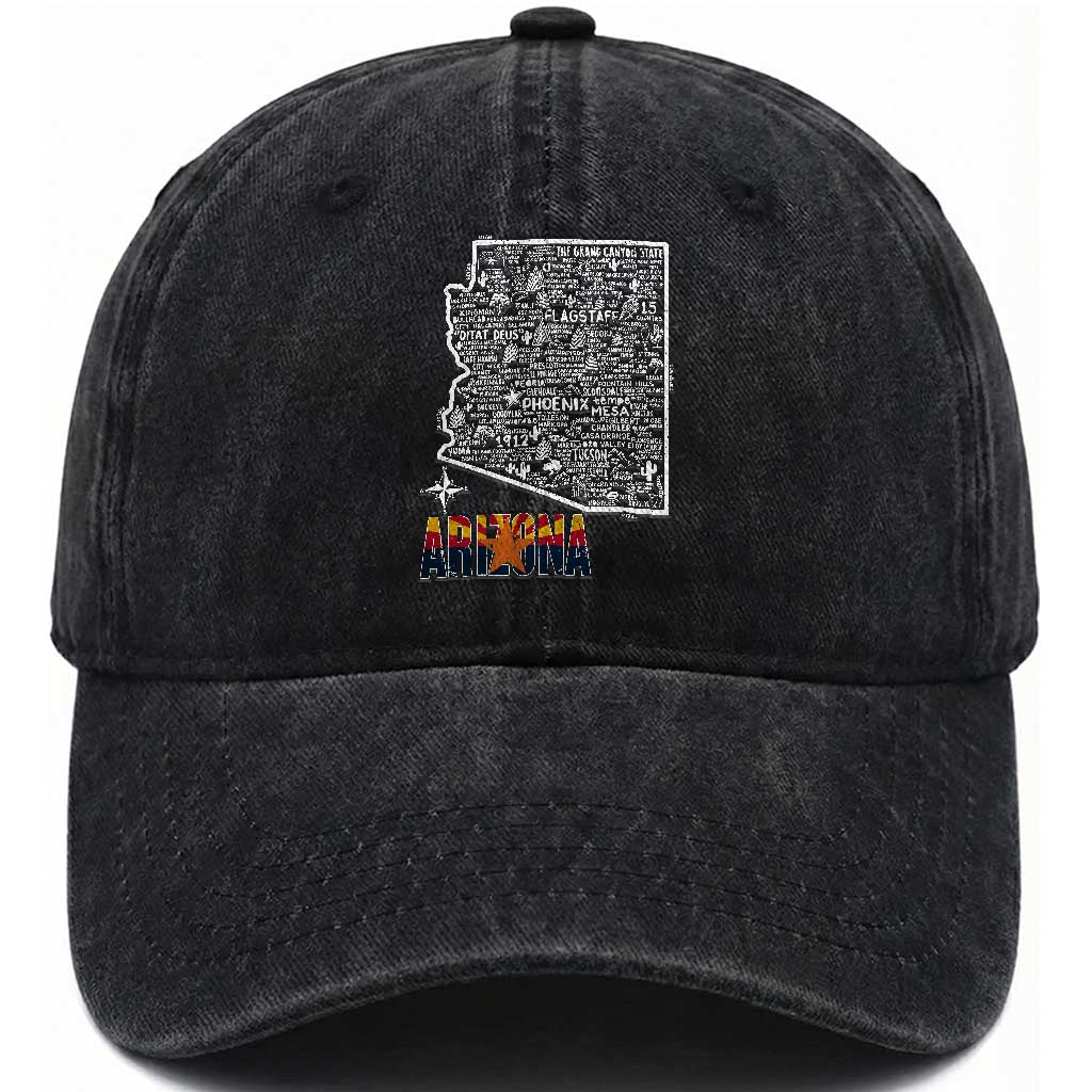 Arizona Map Phoenix Sedona Tucson Southwest Travel Washed Cotton Baseball Cap