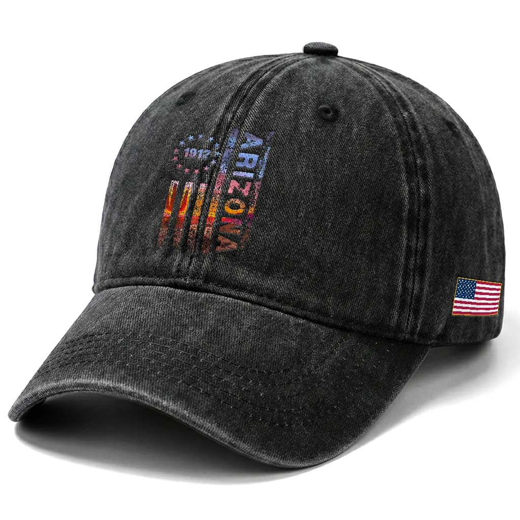 Arizona American Flag Pride Cactus Landscape Established 1912 Washed Cotton Baseball Cap