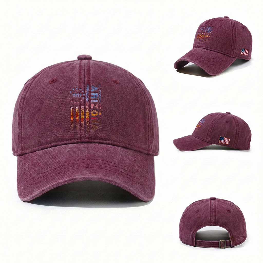 Arizona American Flag Pride Cactus Landscape Established 1912 Washed Cotton Baseball Cap