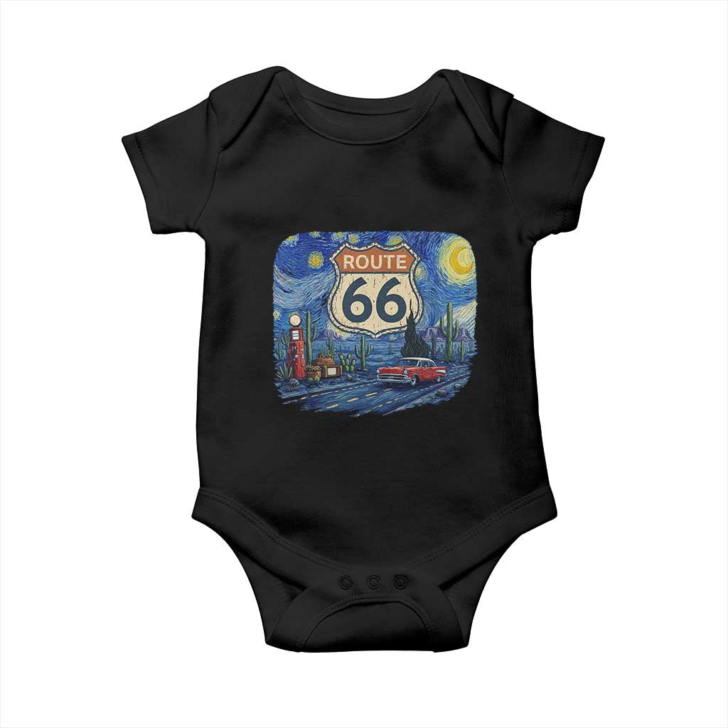 Route Highway 66 Road Sign Distressed Road Trip Starry Night Baby Onesie