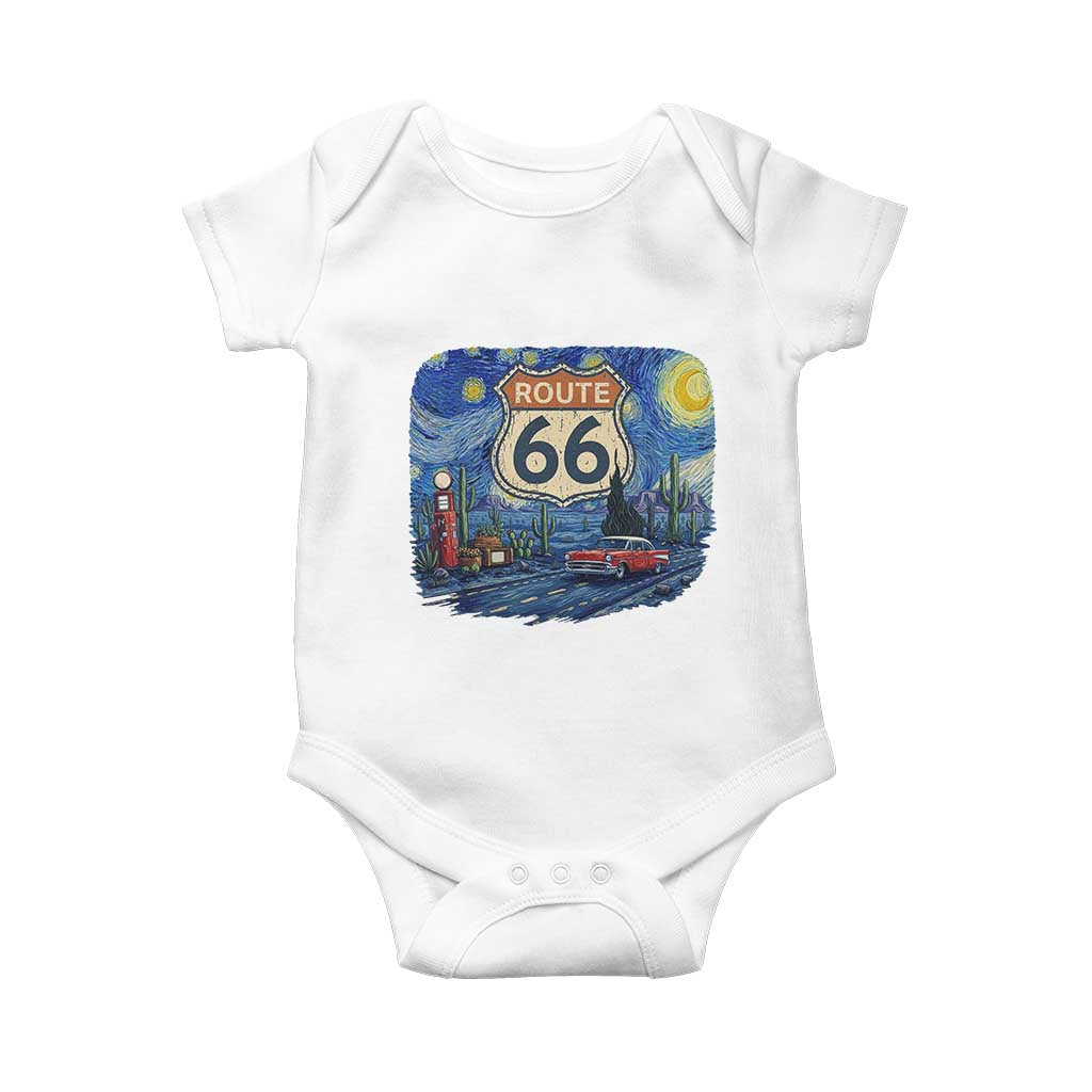 Route Highway 66 Road Sign Distressed Road Trip Starry Night Baby Onesie