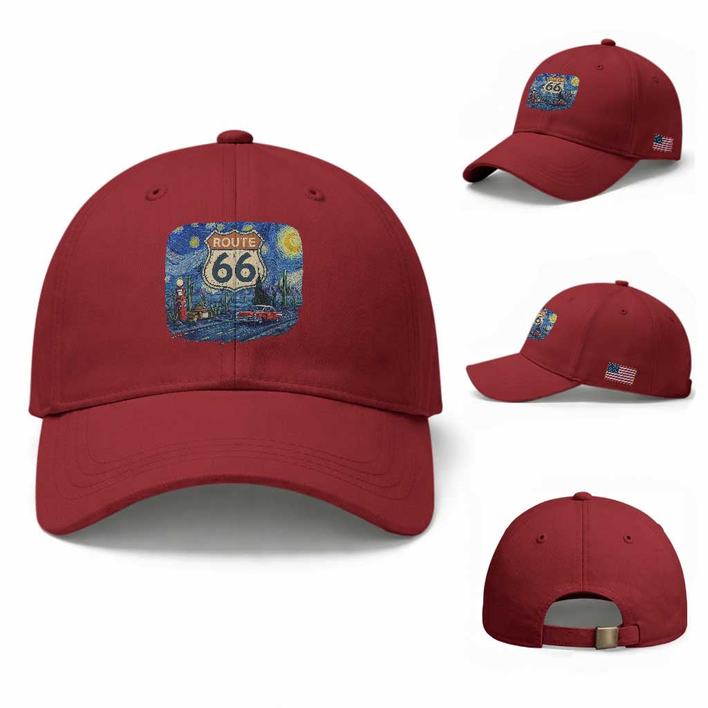 Route Highway 66 Road Sign Distressed Road Trip Starry Night Baseball Cap