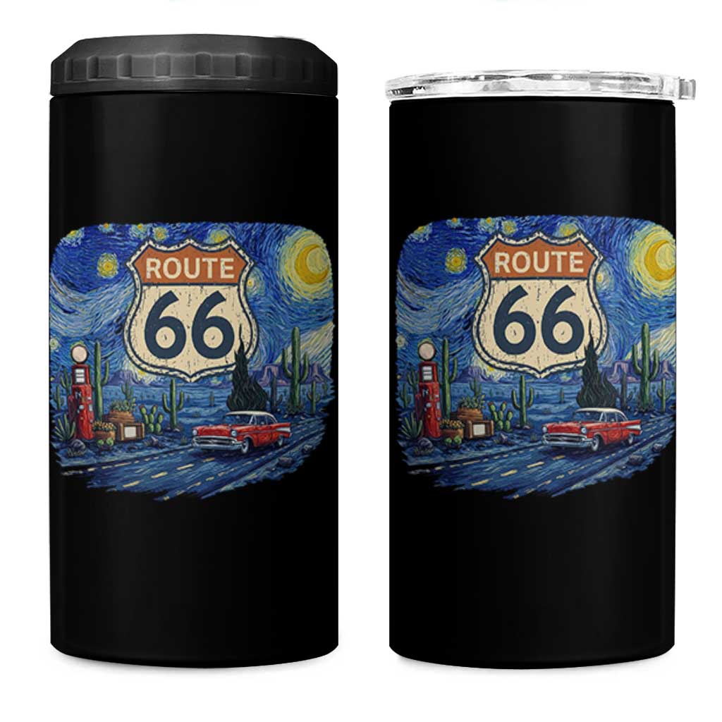 Route Highway 66 Road Sign Distressed Road Trip Starry Night 4 in 1 Can Cooler Tumbler