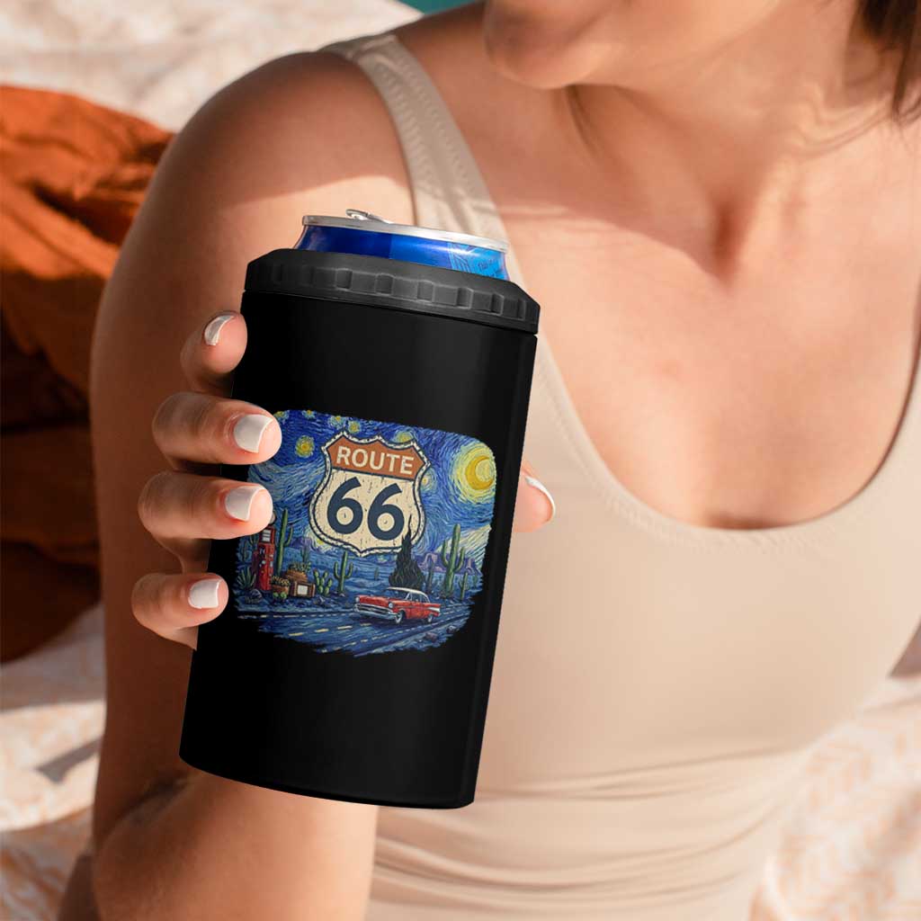 Route Highway 66 Road Sign Distressed Road Trip Starry Night 4 in 1 Can Cooler Tumbler
