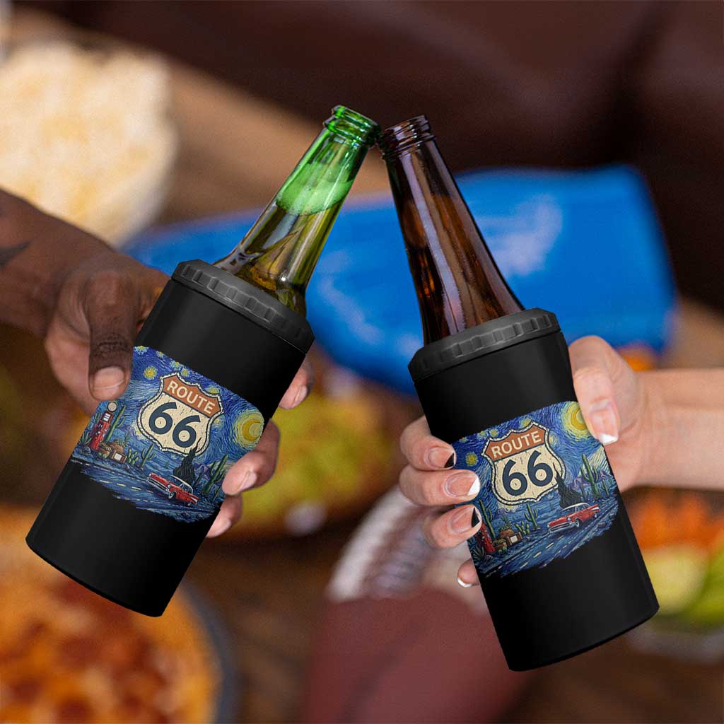 Route Highway 66 Road Sign Distressed Road Trip Starry Night 4 in 1 Can Cooler Tumbler
