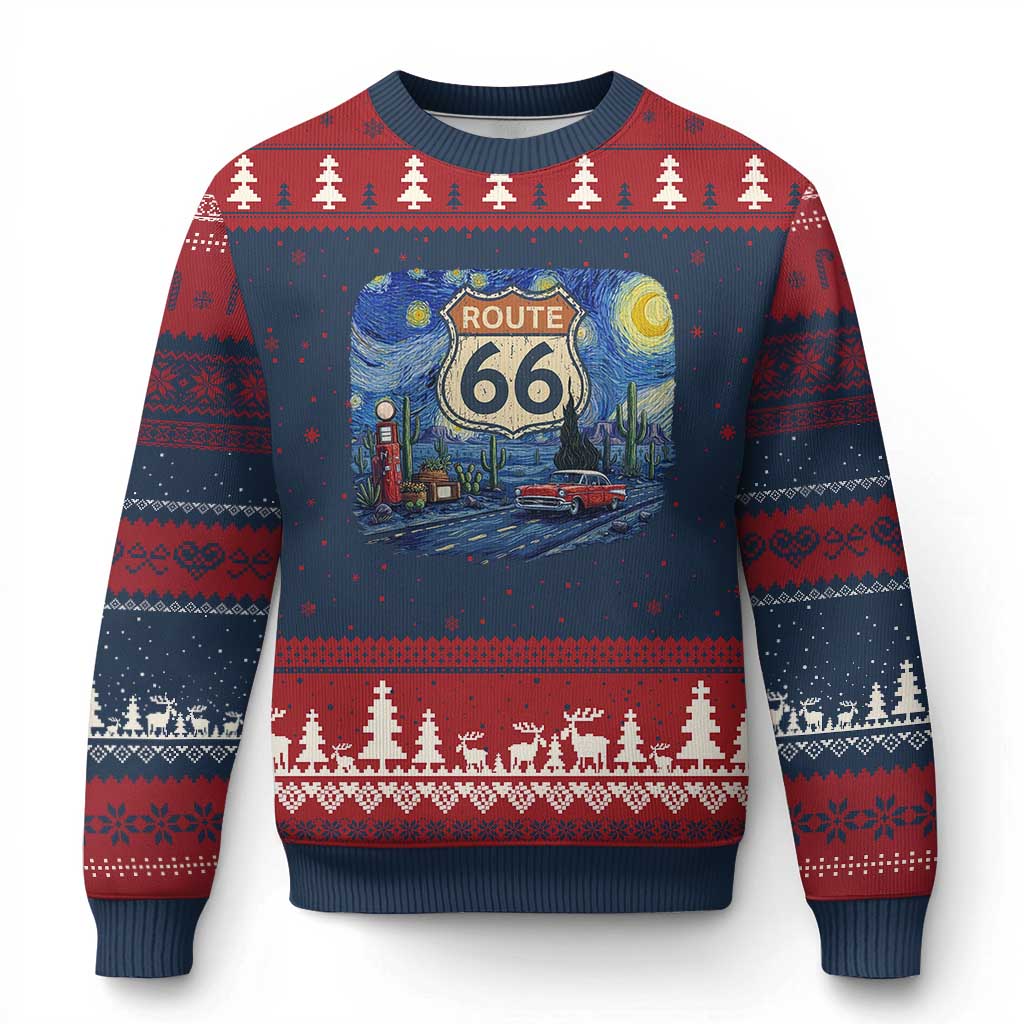 Route Highway 66 Road Sign Distressed Road Trip Starry Night Ugly Christmas Sweater