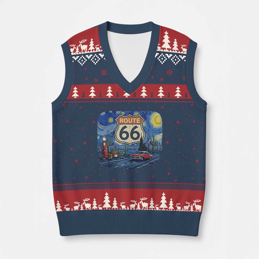 Route Highway 66 Road Sign Distressed Road Trip Starry Night V-Neck Knit Sweater Vest