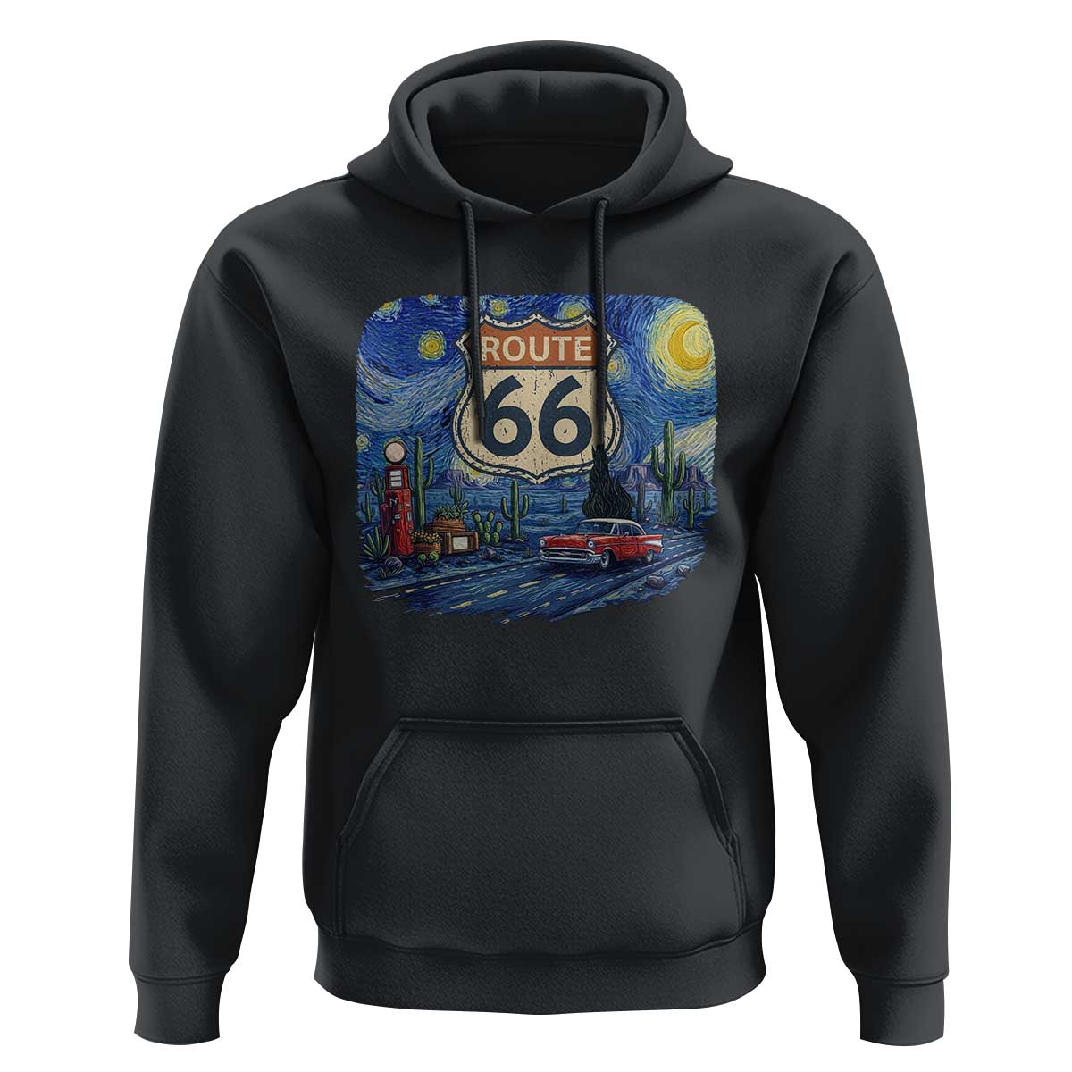 Route Highway 66 Road Sign Distressed Road Trip Starry Night Hoodie