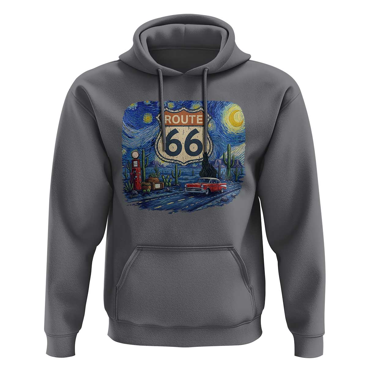 Route Highway 66 Road Sign Distressed Road Trip Starry Night Hoodie