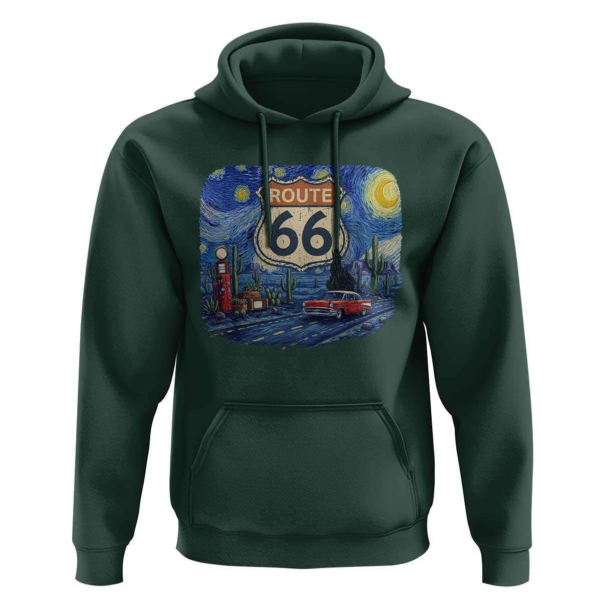 Route Highway 66 Road Sign Distressed Road Trip Starry Night Hoodie