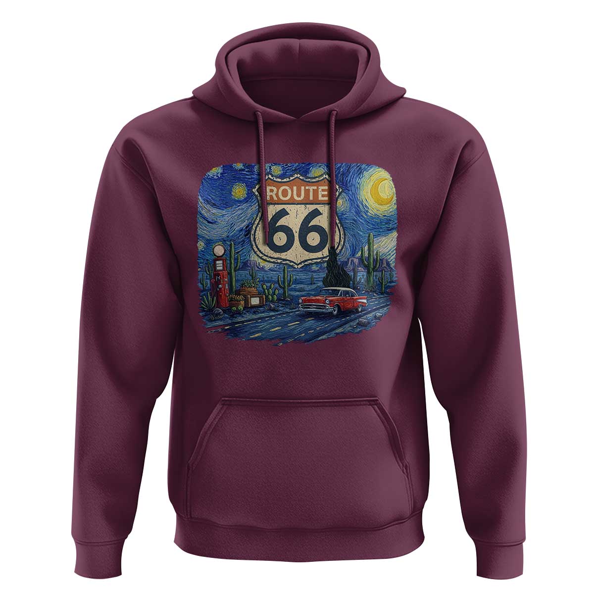 Route Highway 66 Road Sign Distressed Road Trip Starry Night Hoodie