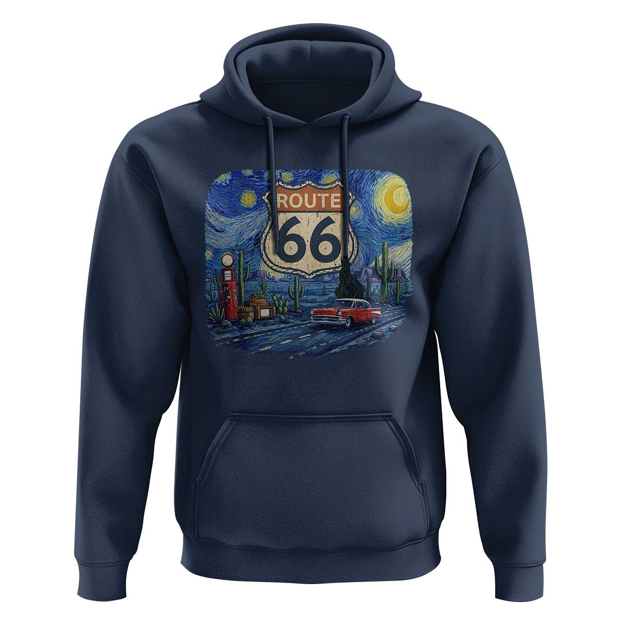 Route Highway 66 Road Sign Distressed Road Trip Starry Night Hoodie