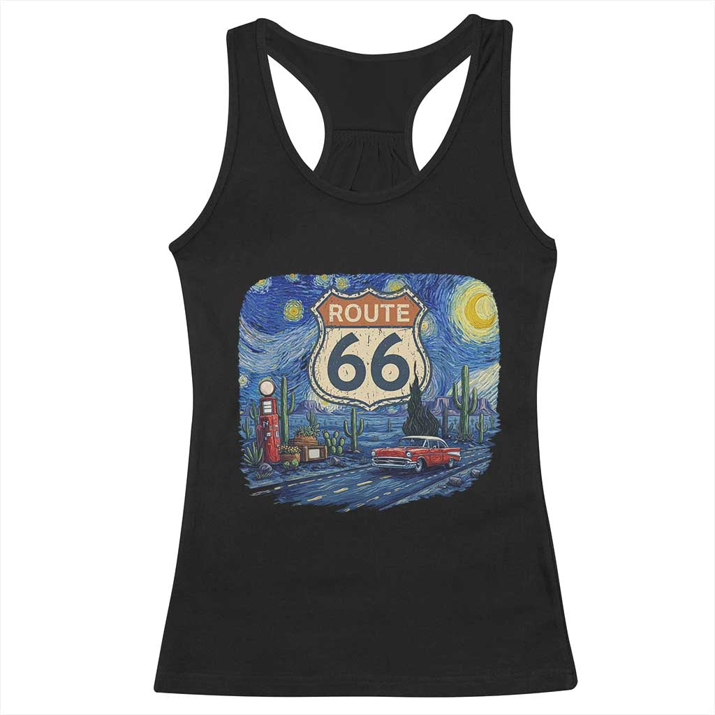 Route Highway 66 Road Sign Distressed Road Trip Starry Night Racerback Tank Top